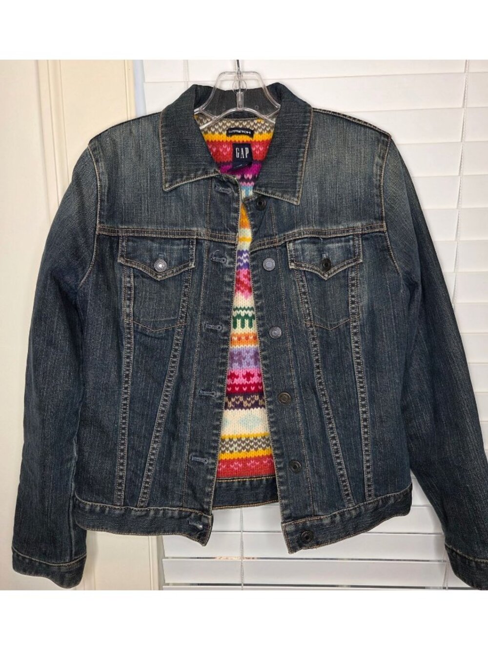 Y2K Womens Gap Denim Jacket Colorful Knit Lining S 2000s RARE